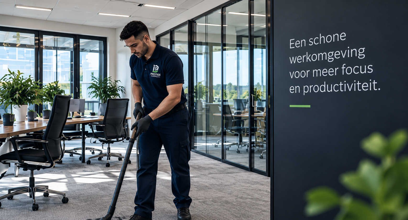 Medewerker van Prestige Cleaning stofzuigt een moderne kantoorruimte met glazen wanden
