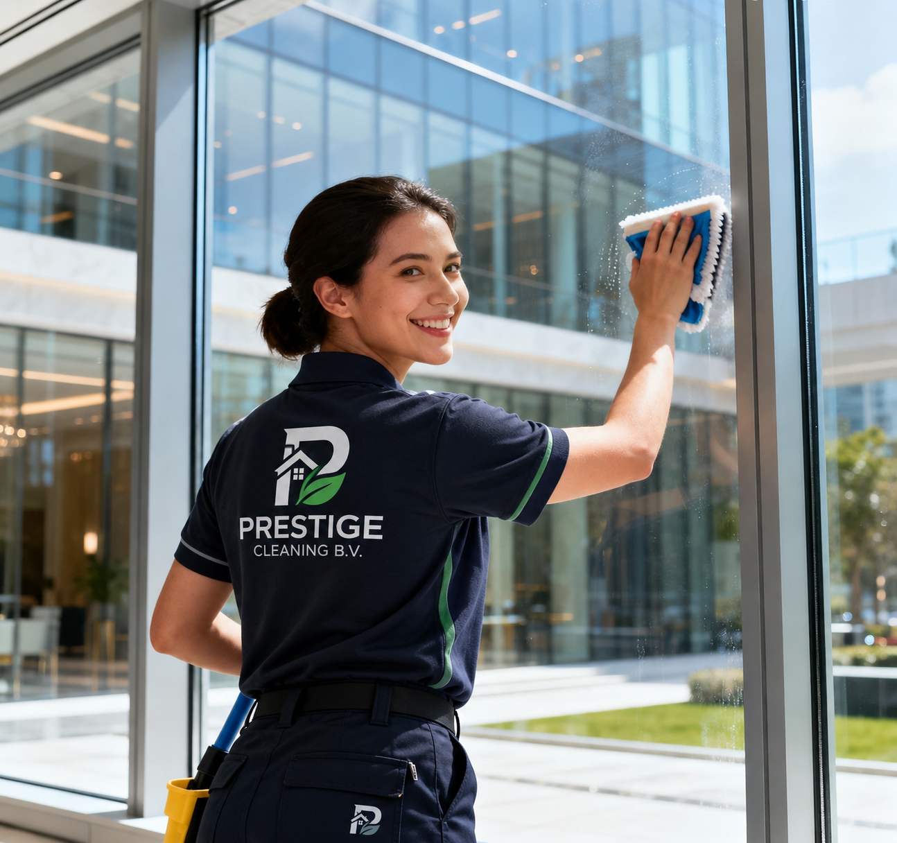 Medewerker van Prestige Cleaning B.V. maakt de glazen gevel van een kantoorgebouw schoon