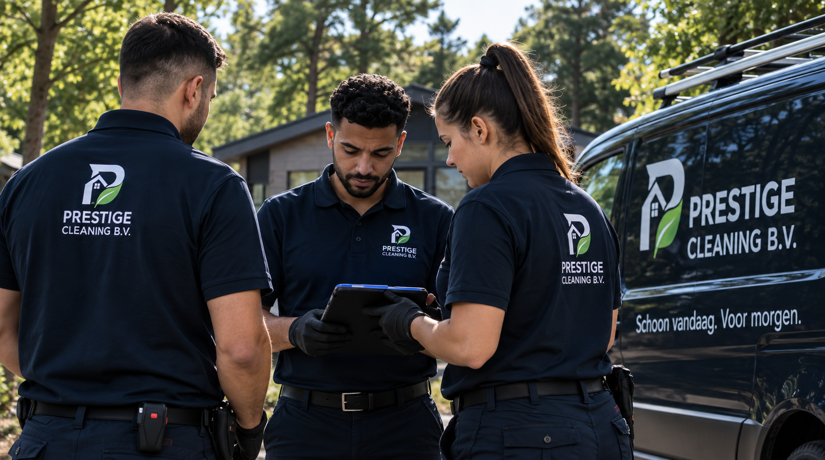Team van Prestige Cleaning overlegt bij de bedrijfsbus met een tablet in de hand