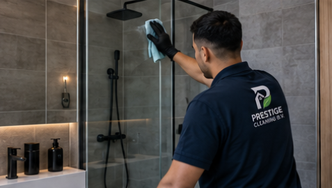 Medewerker van Prestige Cleaning maakt een glazen douchewand schoon in een vakantieaccommodatie
