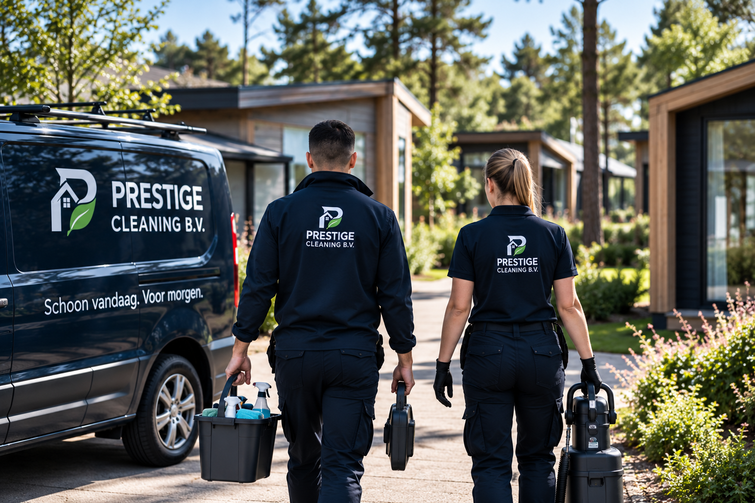 Schoonmaakteam van Prestige Cleaning loopt met materiaal langs de bedrijfsbus over een bungalowpark